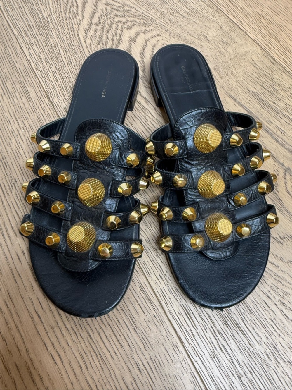 Balenciaga Black Leather Gold-Stud Slide Sandals